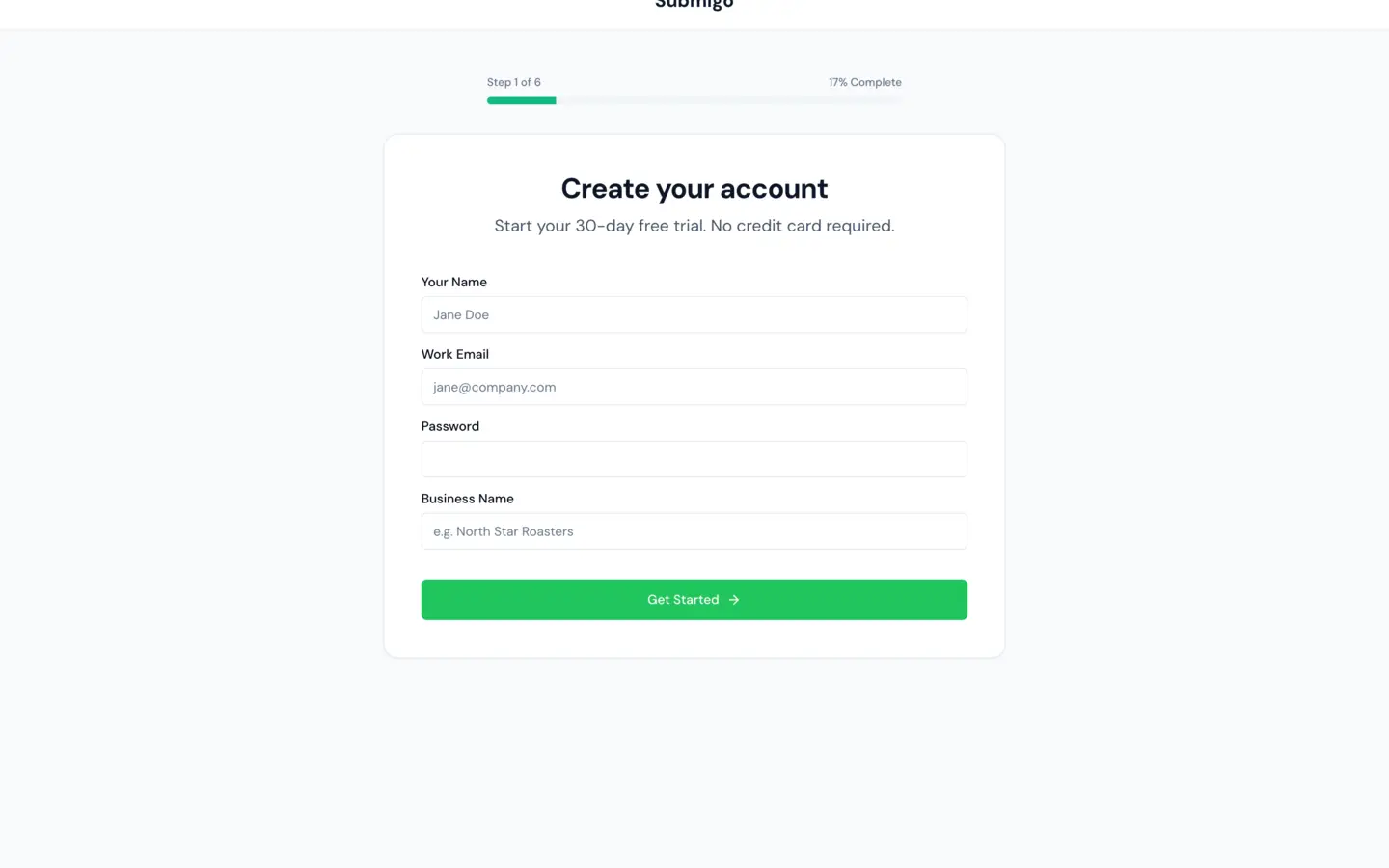 Onboarding account creation screen for a business owner.