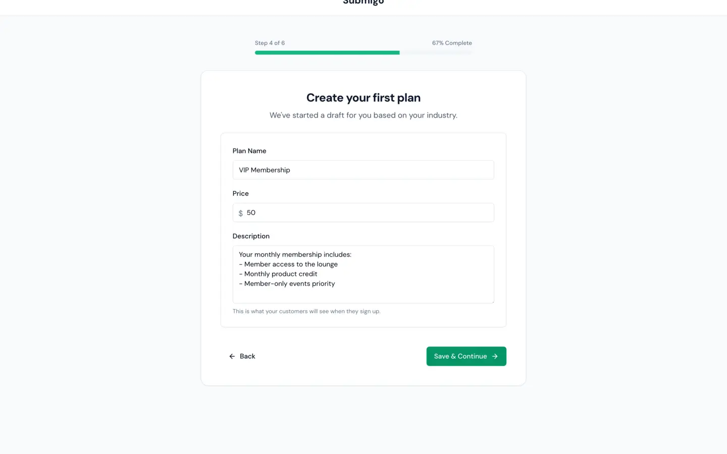 Onboarding screen for creating the first subscription plan.